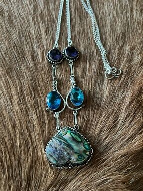 Sterling Silver Heart Abalone Blue topaz Amethyst necklace